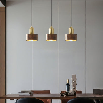 Cylinder Pendant Light | Japanese-Style Walnut & Brass Hanging Lamp 5