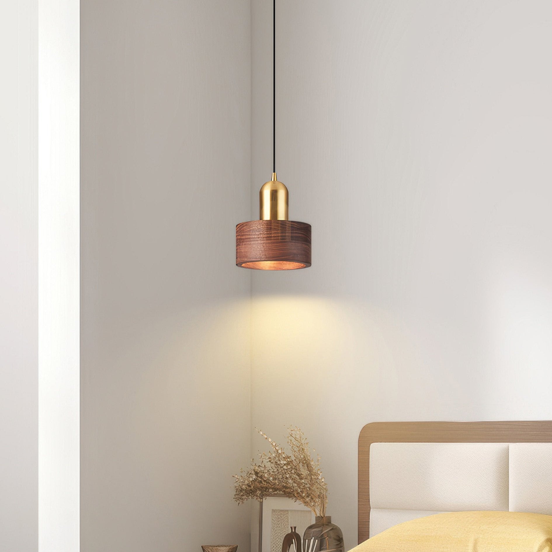 Cylinder Pendant Light | Japanese-Style Walnut & Brass Hanging Lamp 6