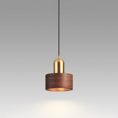 Cylinder Pendant Light | Japanese-Style Walnut & Brass Hanging Lamp 7