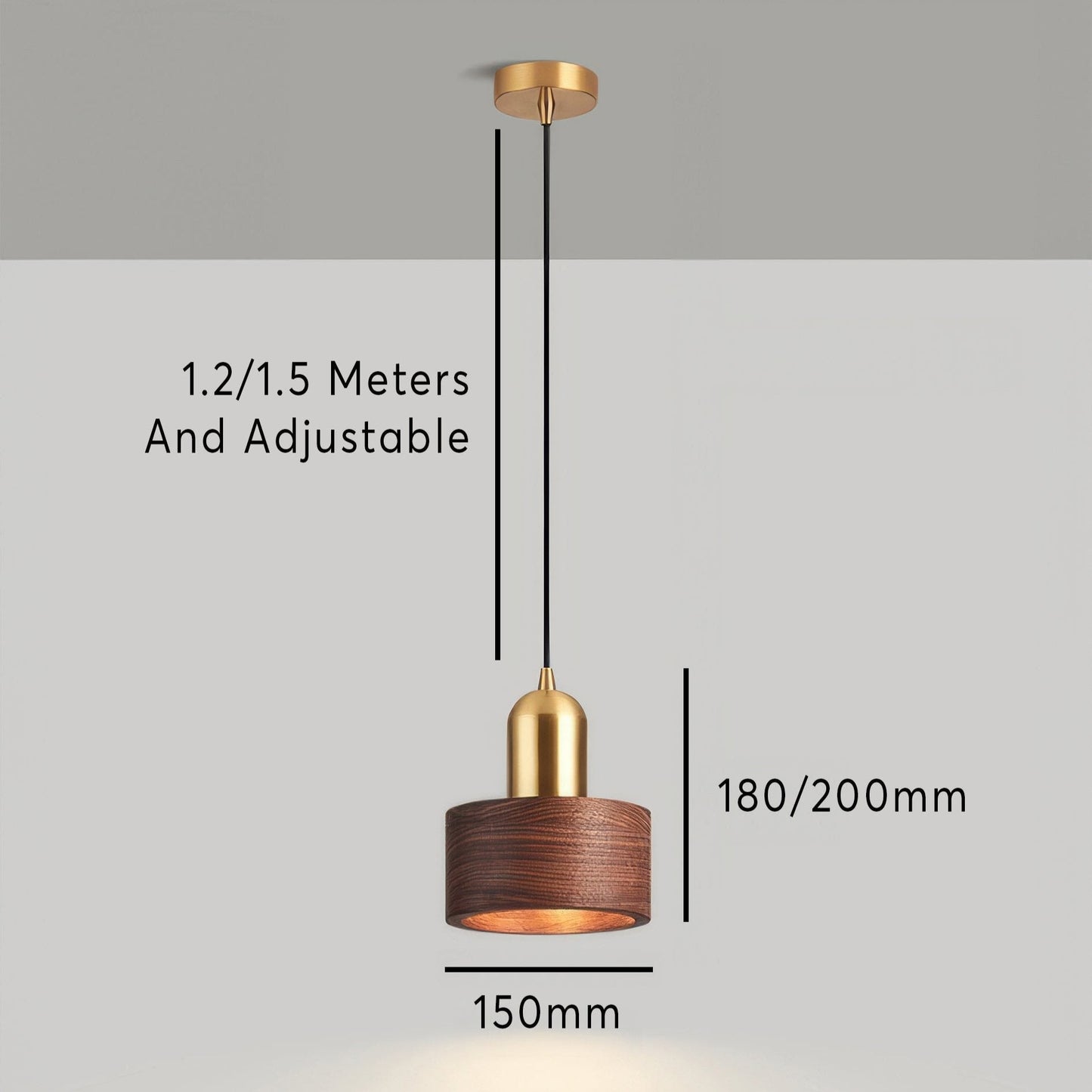 Cylinder Pendant Light | Japanese-Style Walnut & Brass Hanging Lamp 8