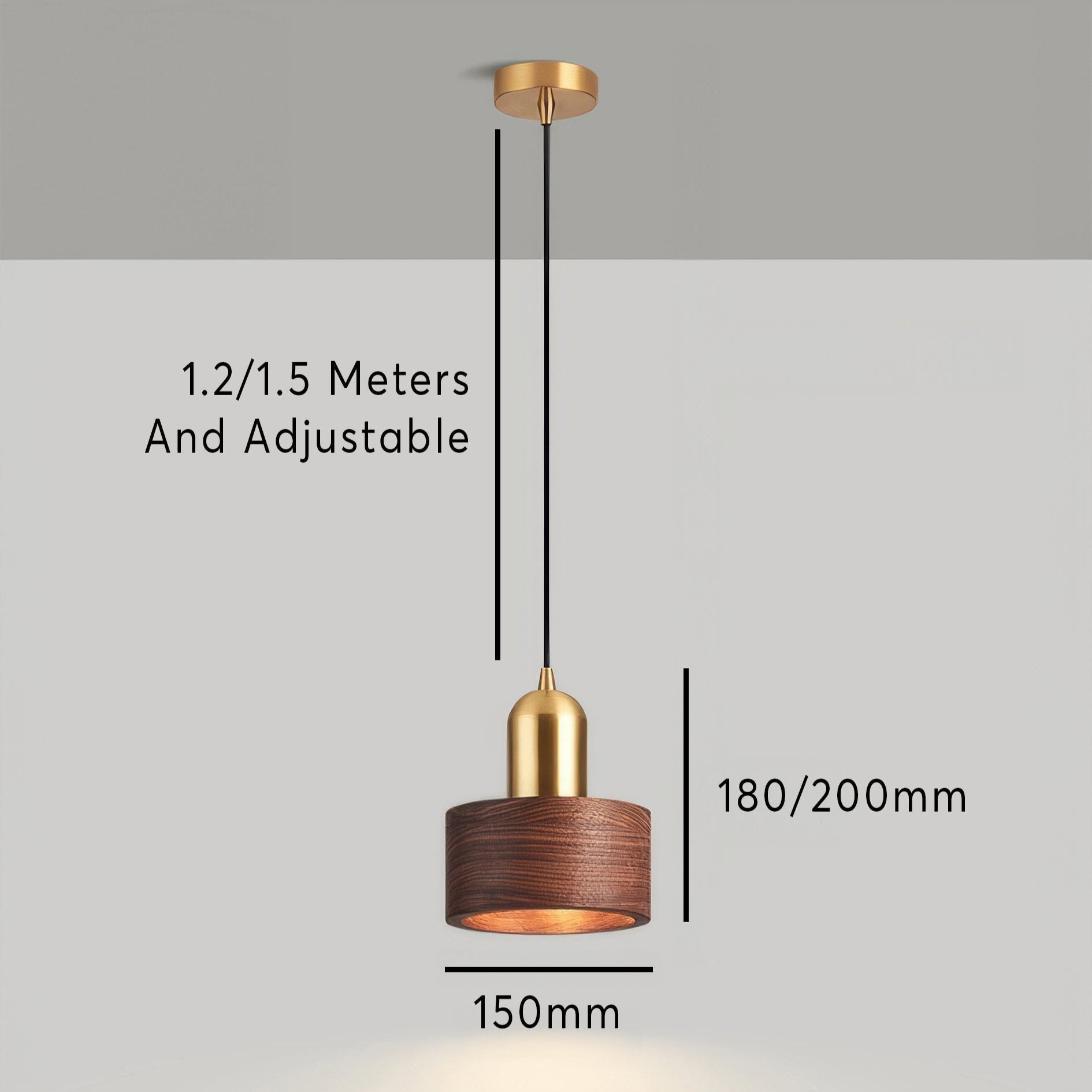 Cylinder Pendant Light | Japanese-Style Walnut & Brass Hanging Lamp 8