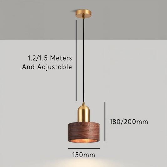 Cylinder Pendant Light | Japanese-Style Walnut & Brass Hanging Lamp 8