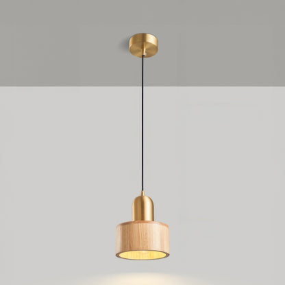 Cylinder Pendant Light | Japanese-Style Walnut & Brass Hanging Lamp 9