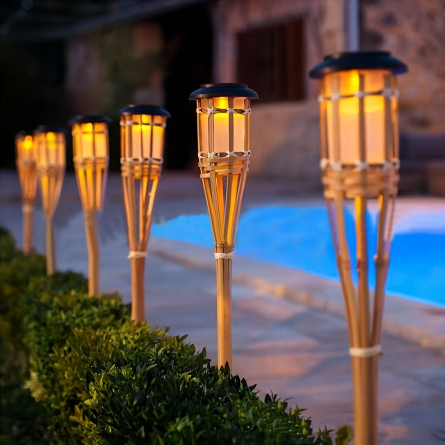 Eco-Friendly Solar Lights Outdoor | Bamboo Flame Lanterns with Flickering Effect | Perfect for Landscape Lighting and Garden Ambiance 0