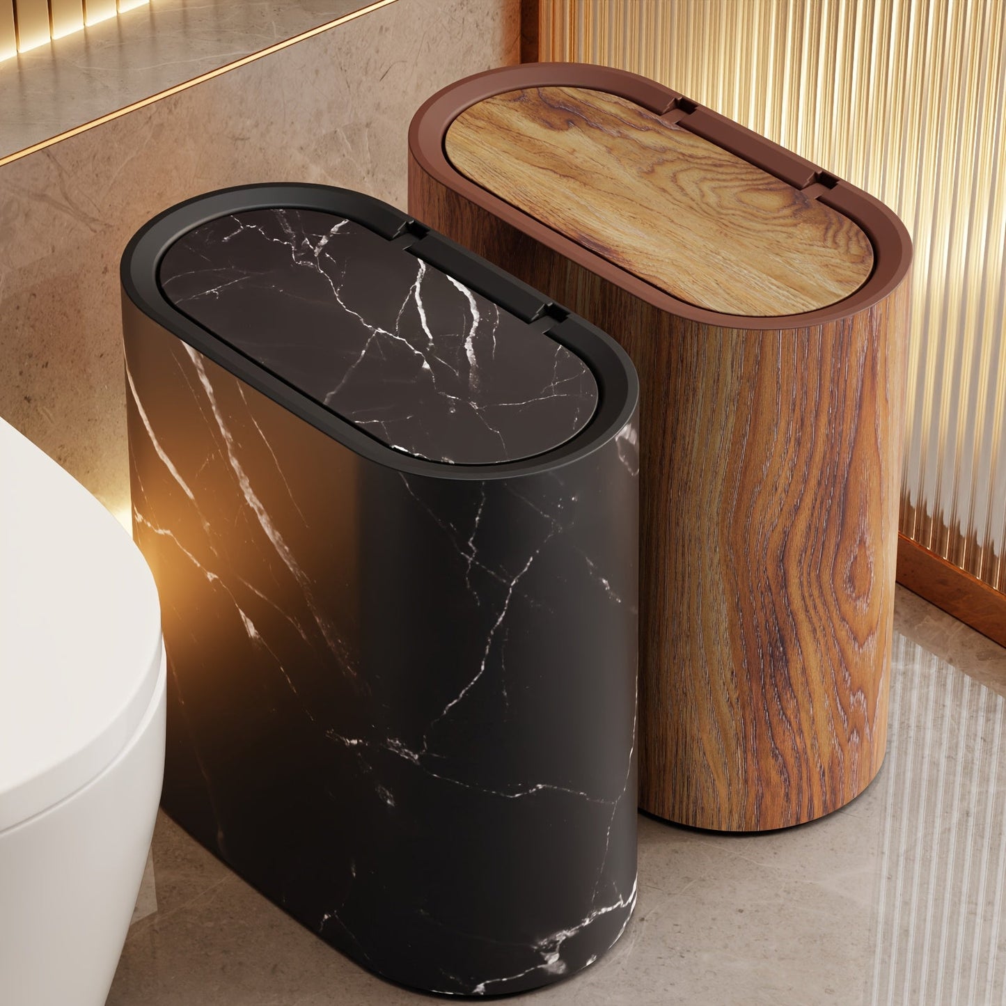 Elegant Marble Pattern | Kitchen Trash Can with Lid | Space-Saving Oval Design for Modern Bathrooms and Kitchens 1