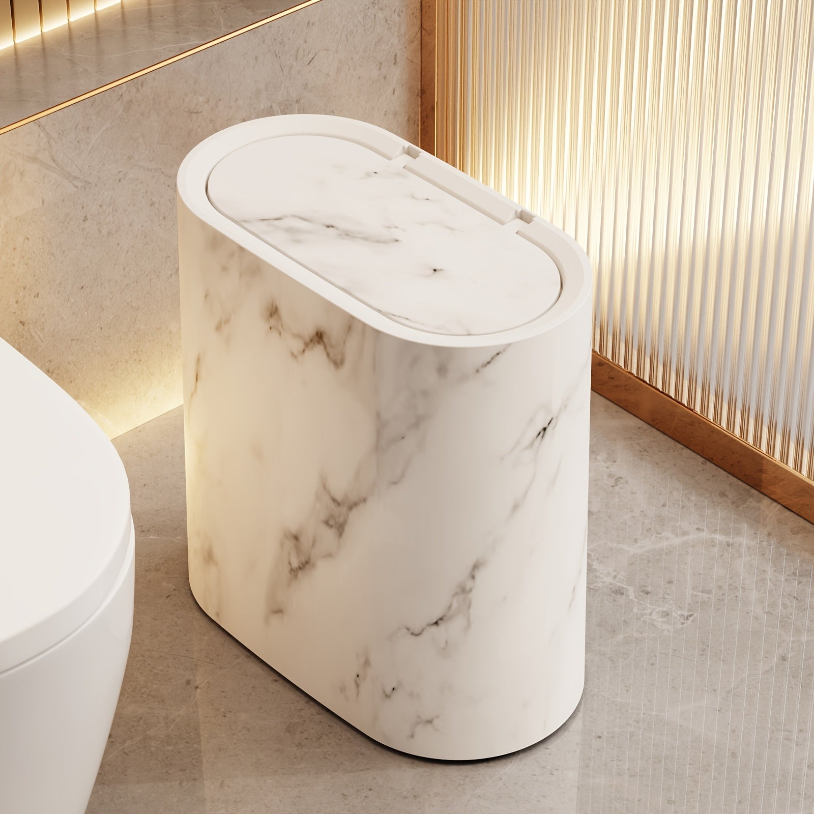 Elegant Marble Pattern | Kitchen Trash Can with Lid | Space-Saving Oval Design for Modern Bathrooms and Kitchens 2