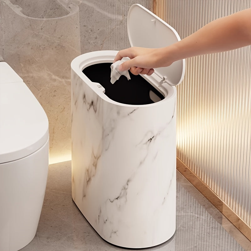 Elegant Marble Pattern | Kitchen Trash Can with Lid | Space-Saving Oval Design for Modern Bathrooms and Kitchens 3