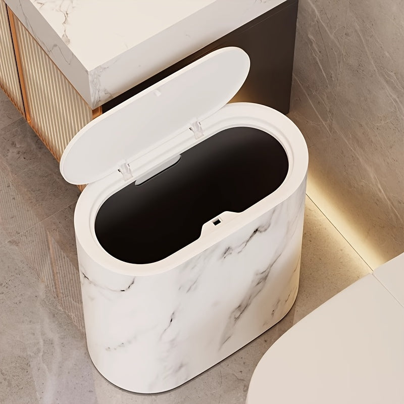 Elegant Marble Pattern | Kitchen Trash Can with Lid | Space-Saving Oval Design for Modern Bathrooms and Kitchens 5