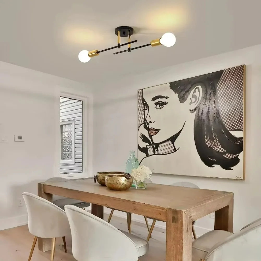 Modern 2-Light Ceiling Lamp | Black & Gold Flush Mount Chandelier 2