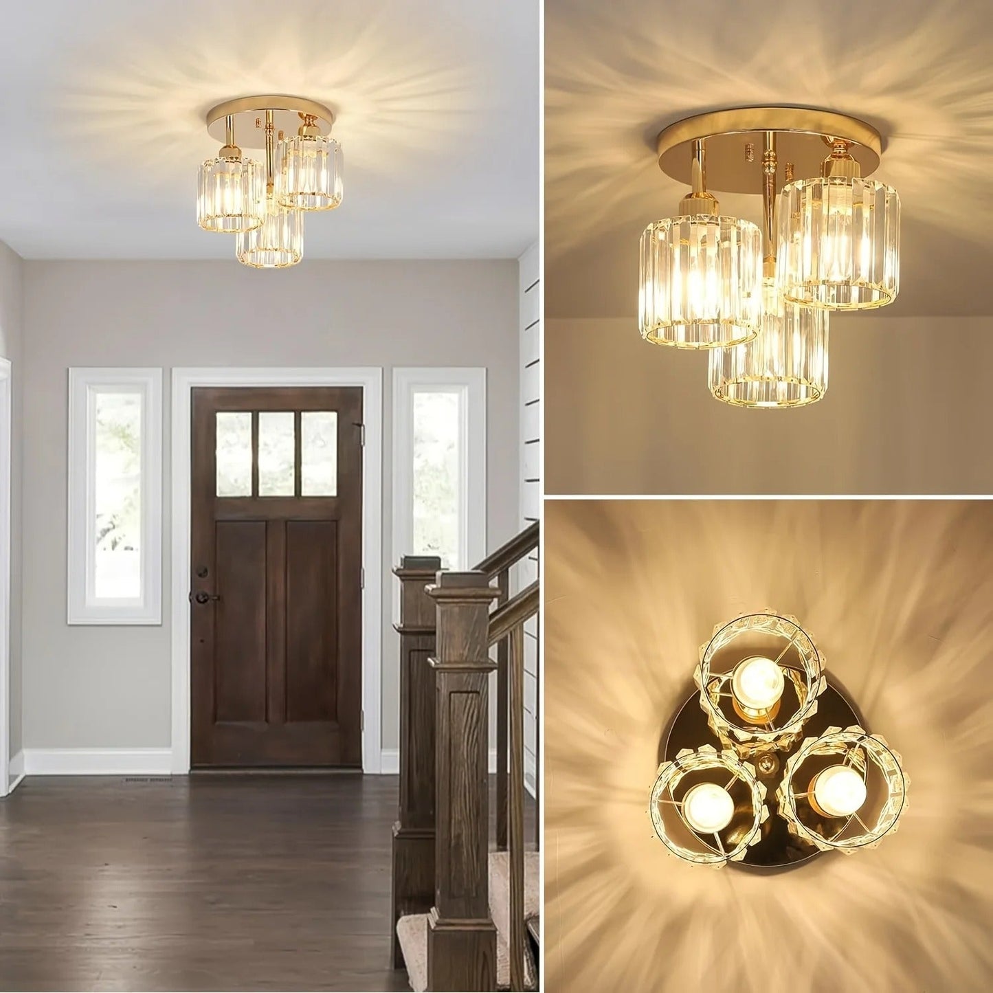 Modern Gold Luxury Crystal Ceiling Light | 3-Light Semi Flush Mount 4