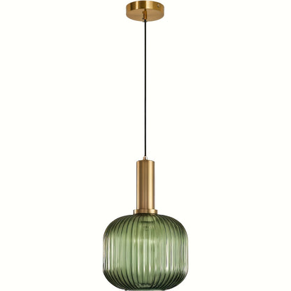 Modern Striped Glass Pendant Light | Brass & Ribbed Glass Shade 0