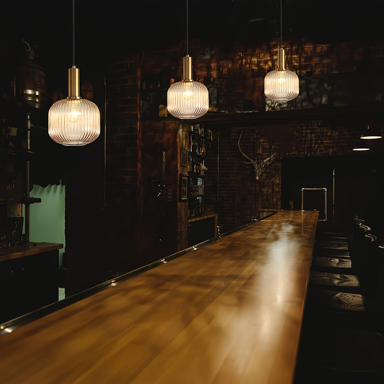 Modern Striped Glass Pendant Light | Brass & Ribbed Glass Shade 1