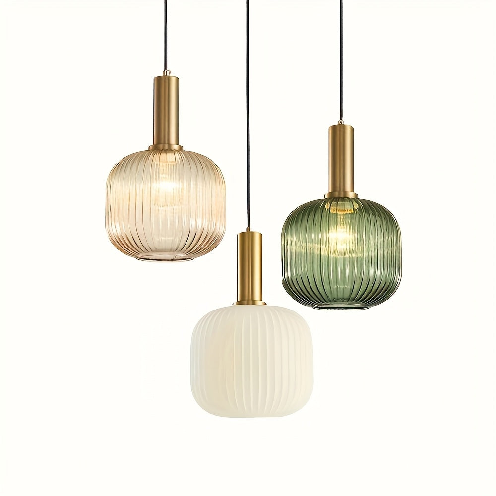 Modern Striped Glass Pendant Light | Brass & Ribbed Glass Shade 4