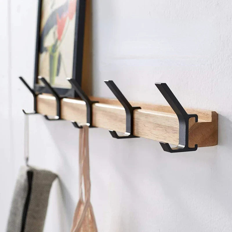 Nordic Wall-Mounted Coat Rack | Adjustable Dual Hooks in Black & Wood Finish 0