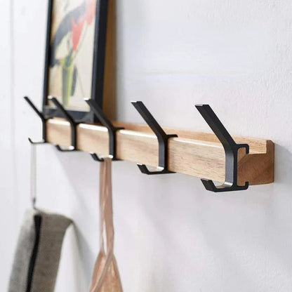 Nordic Wall-Mounted Coat Rack | Adjustable Dual Hooks in Black & Wood Finish 0