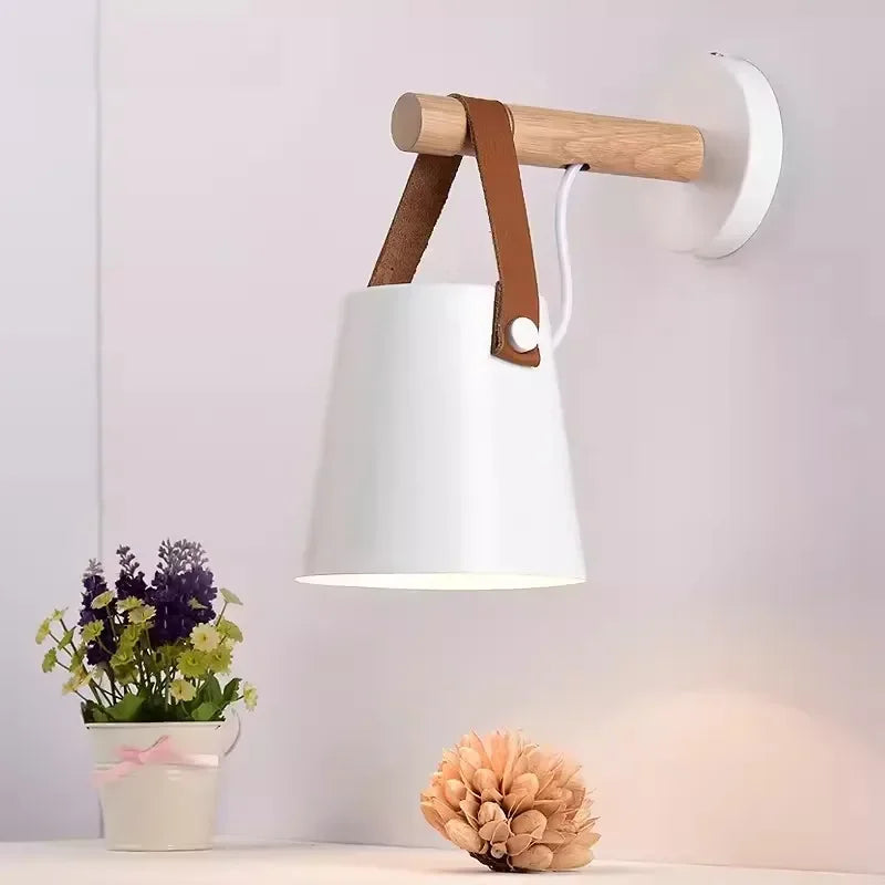 Nordic Wood & Leather Wall Lamp | Hanging Bedside Light 0