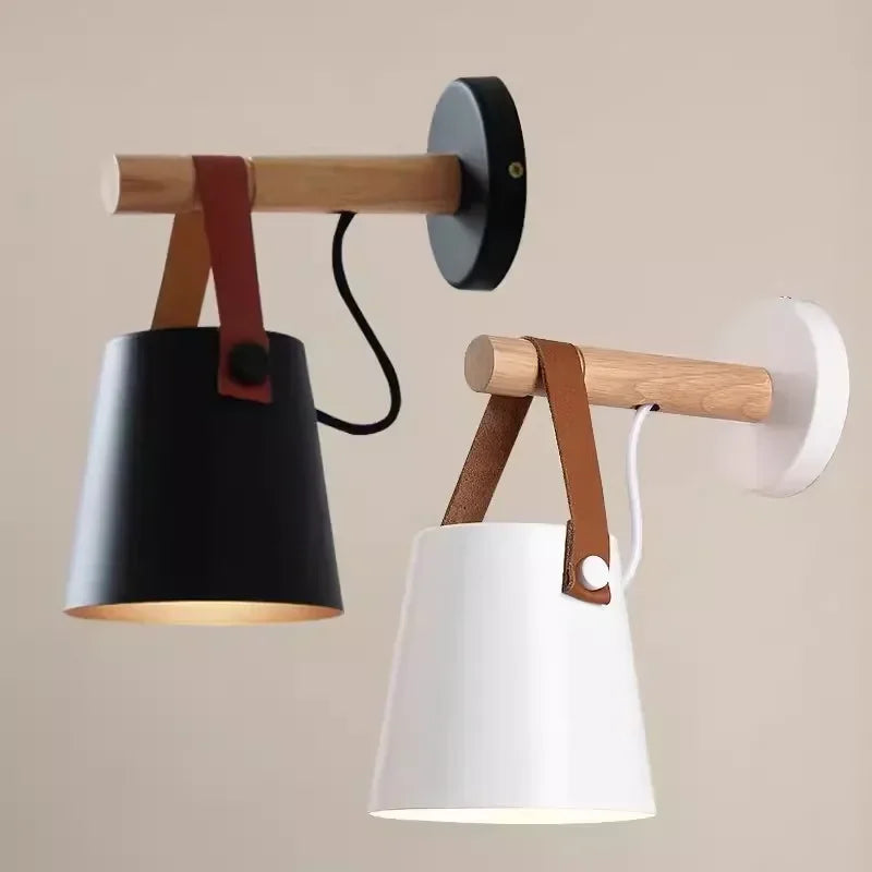 Nordic Wood & Leather Wall Lamp | Hanging Bedside Light 1