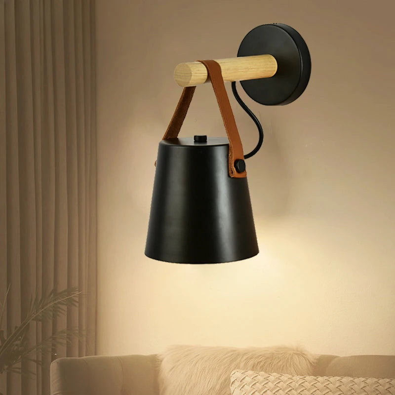 Nordic Wood & Leather Wall Lamp | Hanging Bedside Light 2