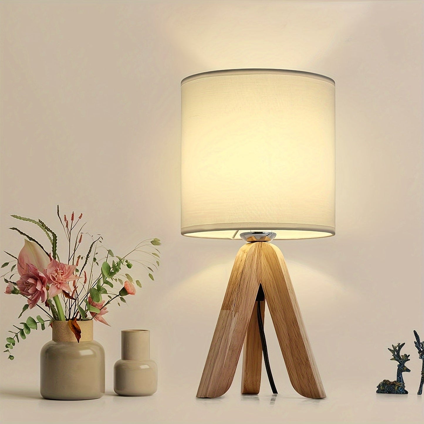 Nordic Wooden Tripod Table Lamp | Fabric Shade 0