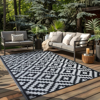 Outdoor Rugs 8x10 | Reversible Black & White Geometric Mat for Versatile Outdoor Style 1