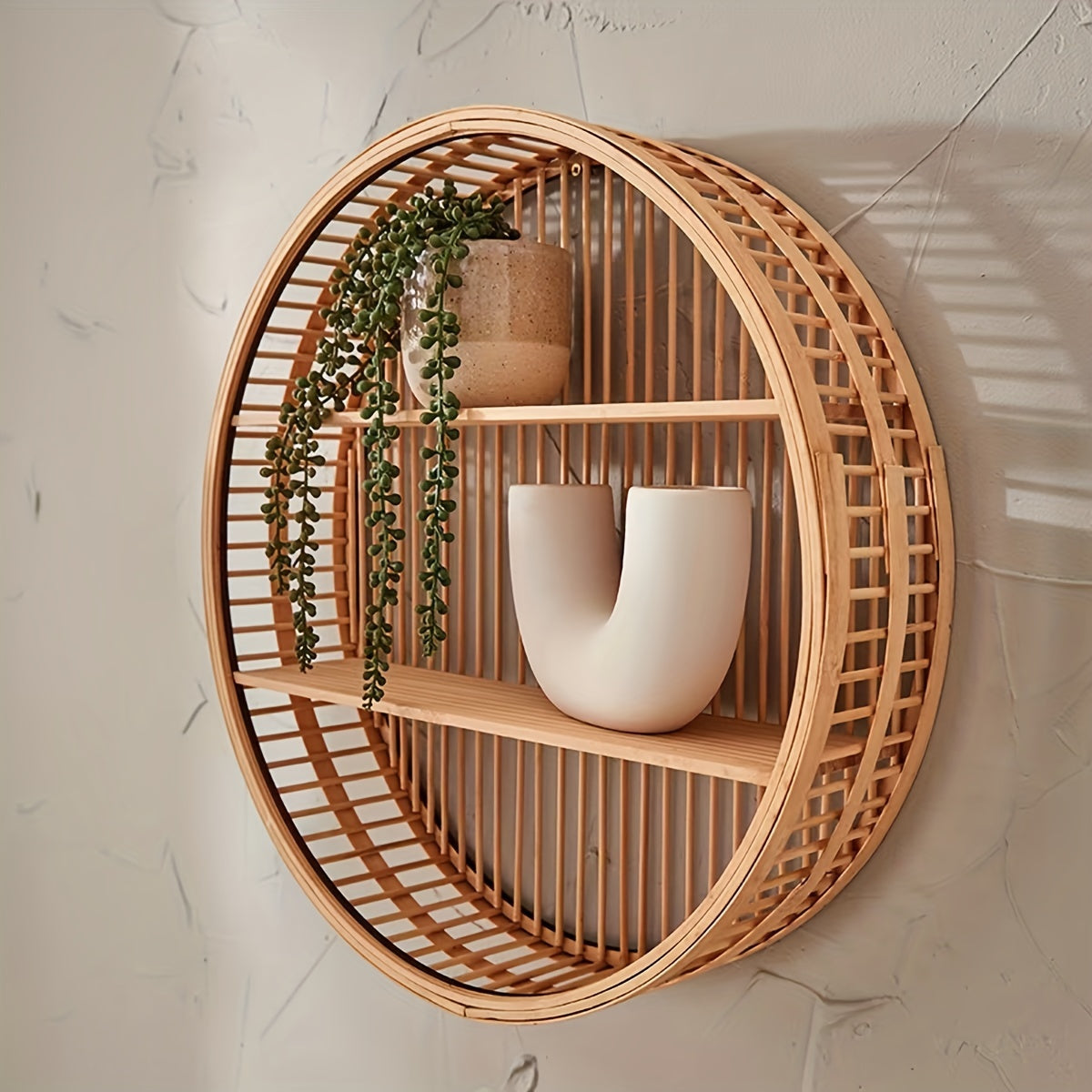 Round Bamboo Wall Shelf | Handmade Boho Floating Organizer 0