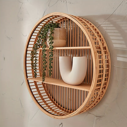 Round Bamboo Wall Shelf | Handmade Boho Floating Organizer 0