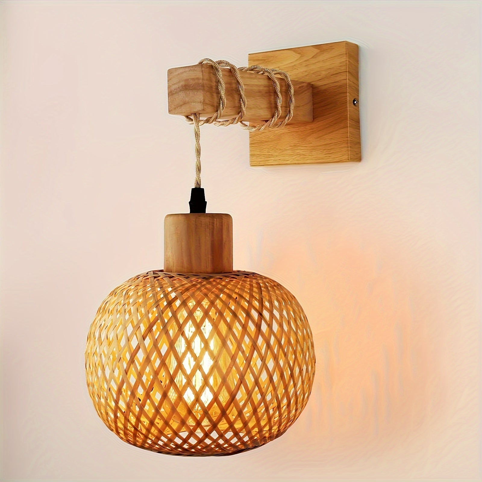 Rustic Wooden Wall Sconce | Handwoven Rattan & Wood Light Fixture 0