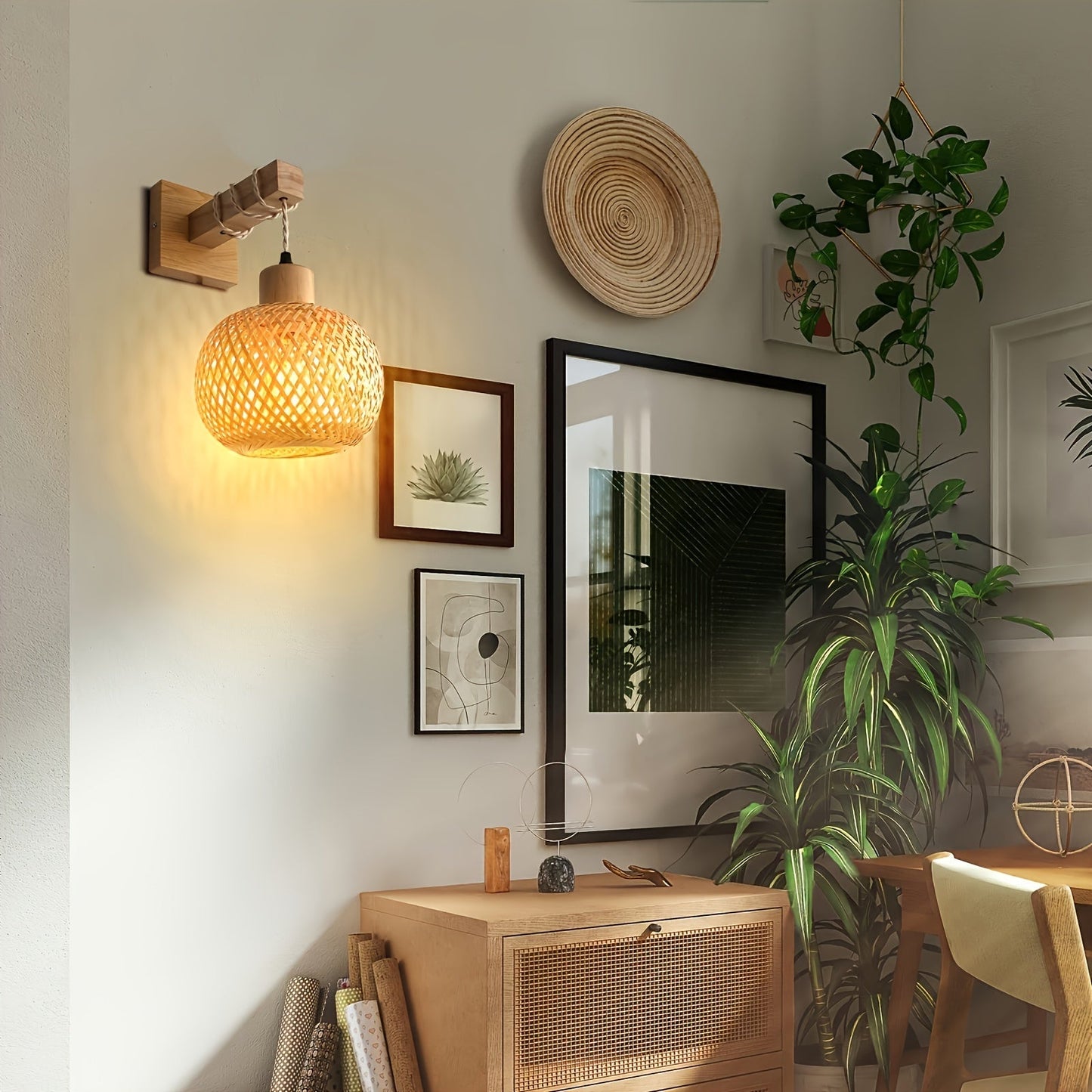 Rustic Wooden Wall Sconce | Handwoven Rattan & Wood Light Fixture 2