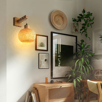 Rustic Wooden Wall Sconce | Handwoven Rattan & Wood Light Fixture 2