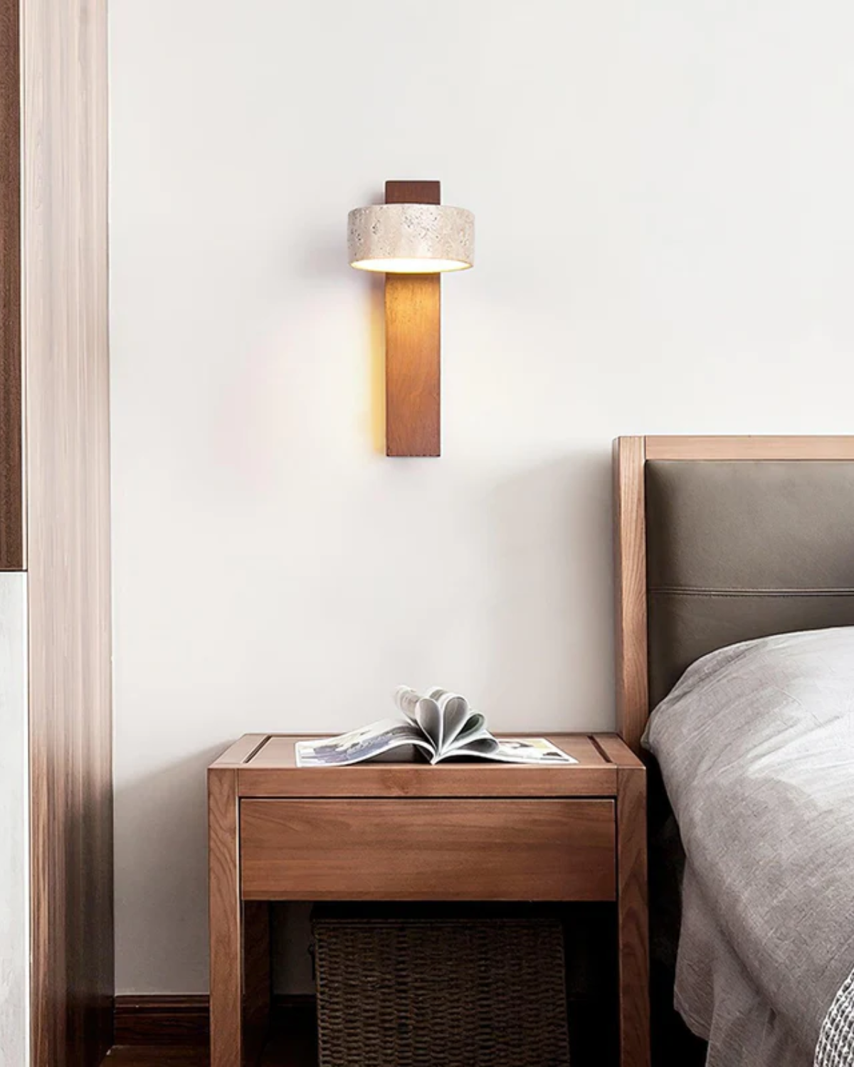 Travertine Wall Lamp | Modern Stone & Wood Sconce 2