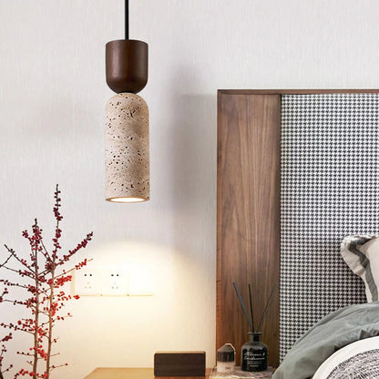 Wabi-Sabi Travertine & Wood Pendant Light | Japanese Minimalist Bedside Lighting 1