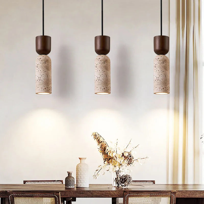 Wabi-Sabi Travertine & Wood Pendant Light | Japanese Minimalist Bedside Lighting 2