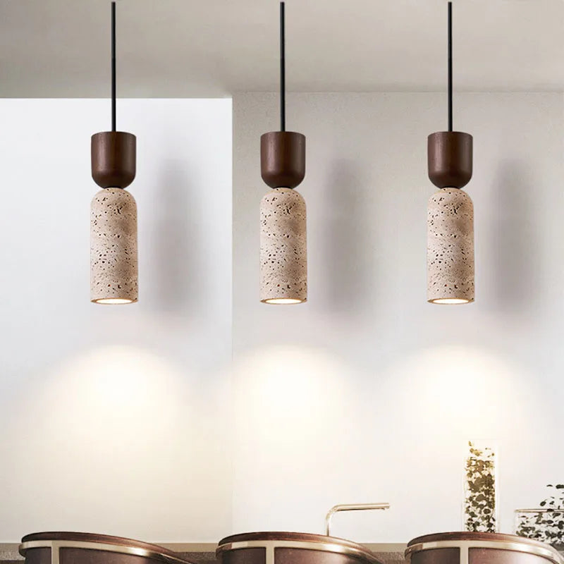 Wabi-Sabi Travertine & Wood Pendant Light | Japanese Minimalist Bedside Lighting 3