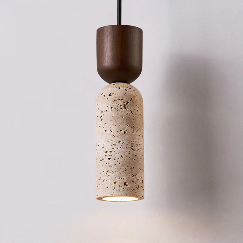 Wabi-Sabi Travertine & Wood Pendant Light | Japanese Minimalist Bedside Lighting 4
